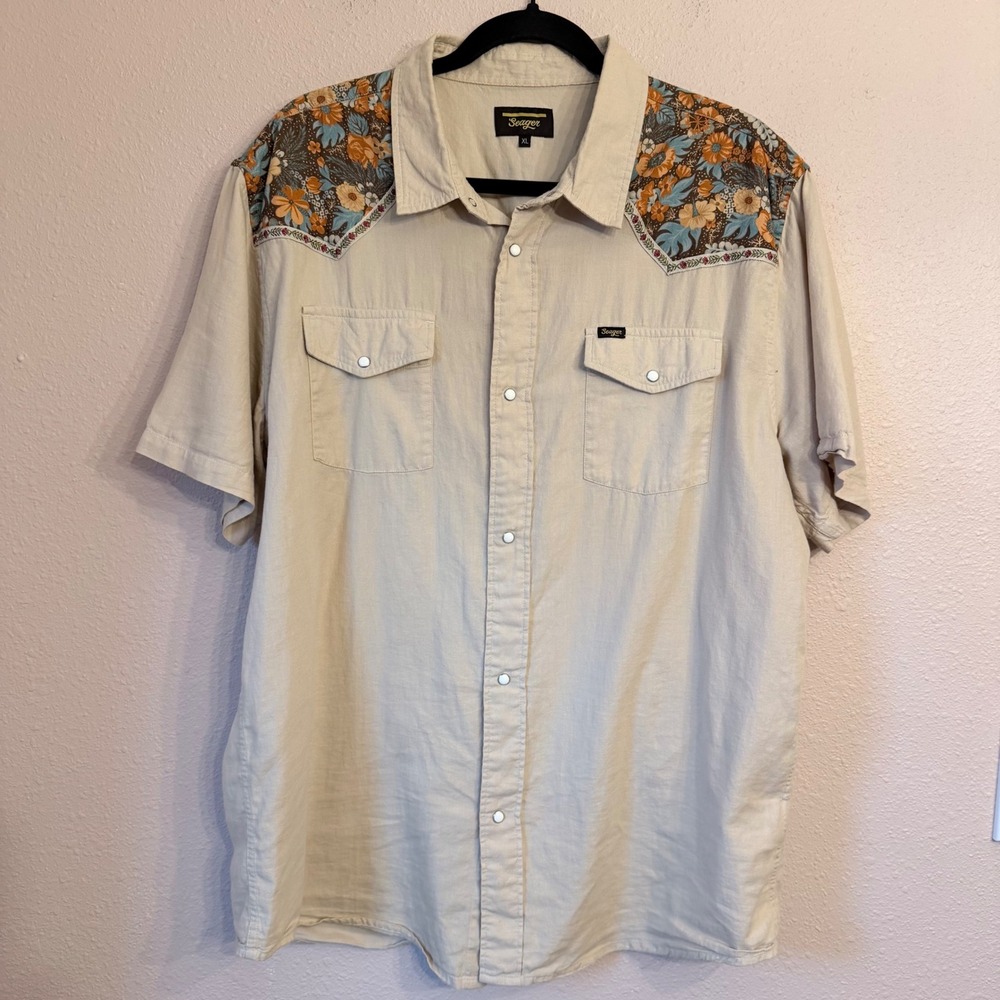 Seager Mens XL Tan Floral Yoke Short Sleeve Western Pearl Snap Cotton Shirt